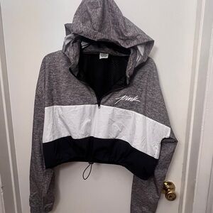 PINK Victoria's Secret Gray, White & Black Cropped Hooded Bomber Jacket